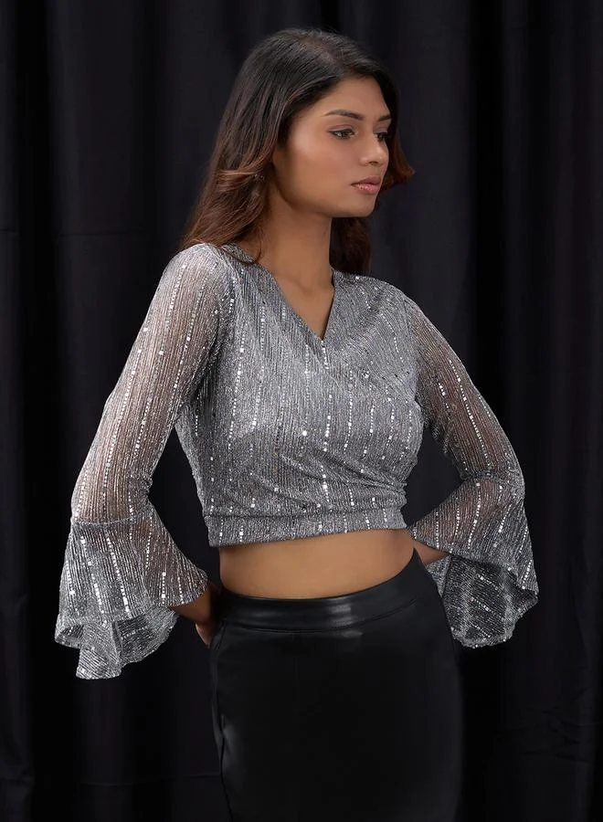 globus Women Grey Flared Sleeves Embellished Crop Top